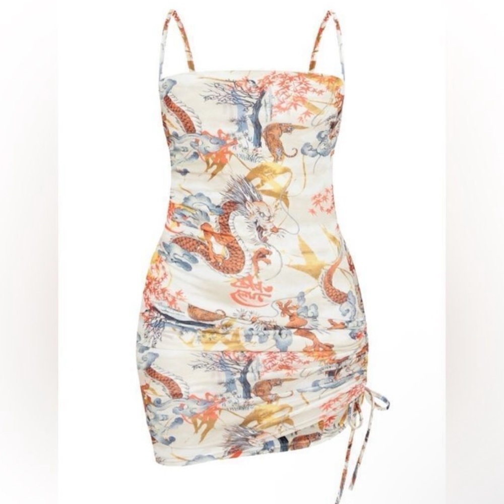 PrettlyLittleThing Oriental Print Ruched Dress